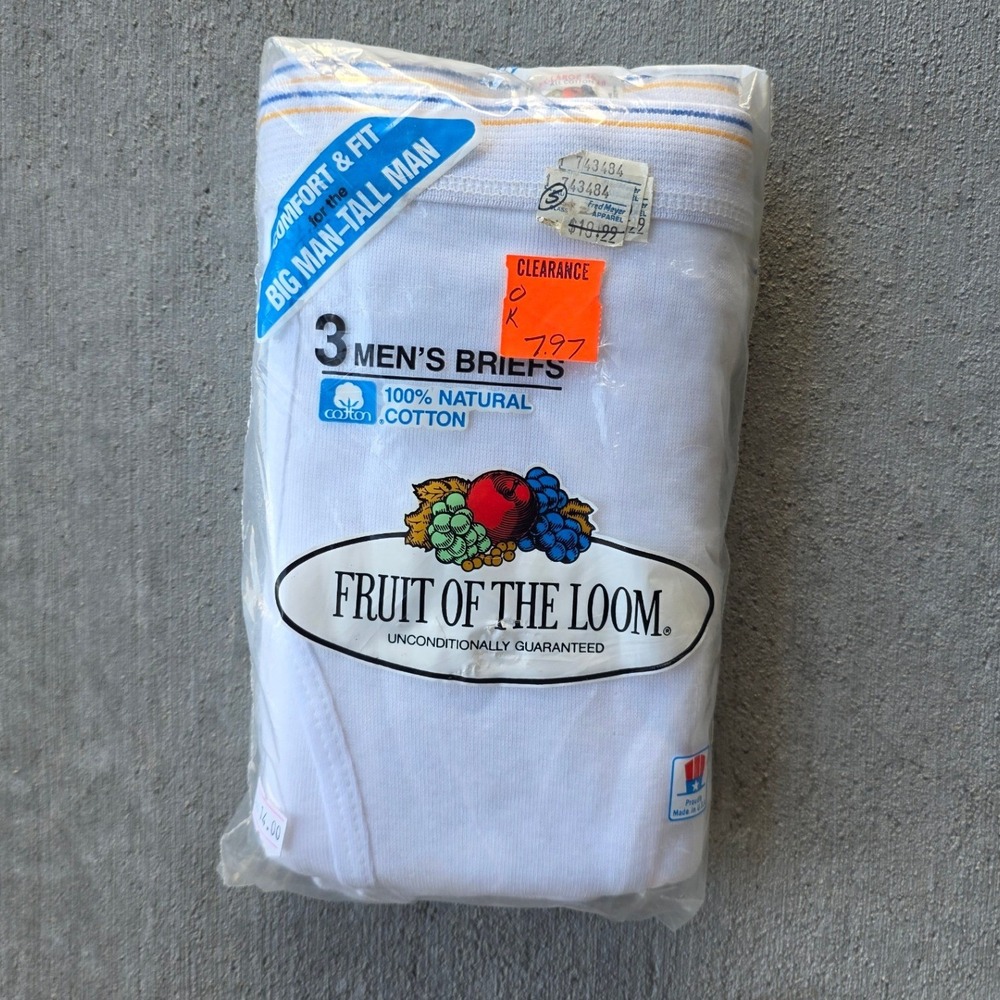 Vintage 1986 Fruit of the Loom Men White Briefs 3 Pack Big Man Tall 2XL USA Made